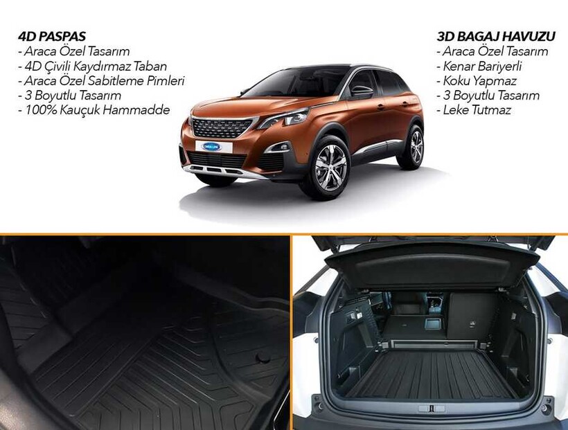 4D Paspas - Peugeot 3008 4D Havuzlu Paspas Bagaj Havuzu Seti 2016-2024 Arası