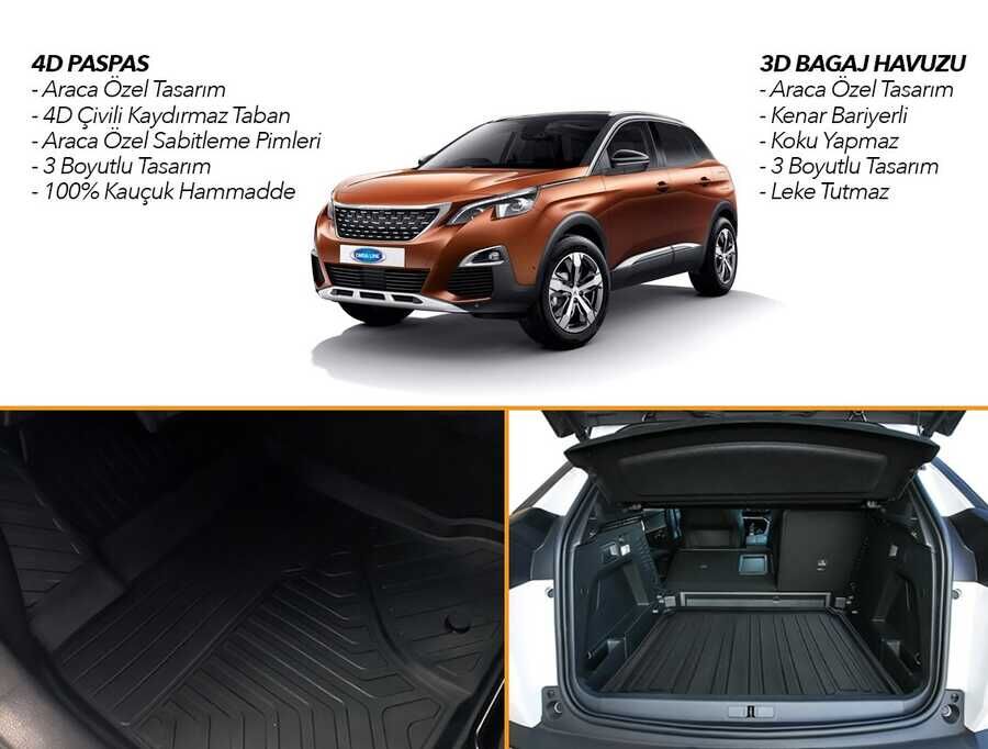 Peugeot 3008 4D Havuzlu Paspas Bagaj Havuzu Seti 2016-2024 Arası