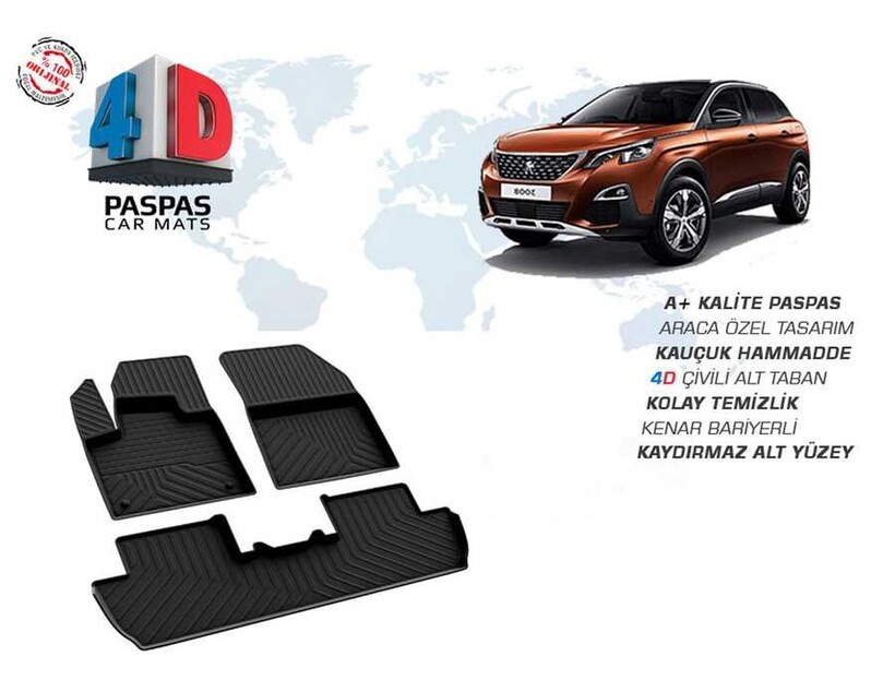 4D Paspas - Peugeot 3008 GT-LINE 4D Havuzlu Paspas Siyah 2016-2024 Arası